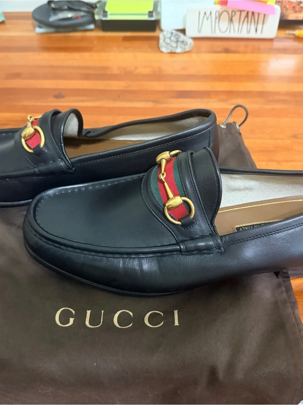 Gucci Black Leather Como Loafers with Red-Green Web & Gold Horsebit